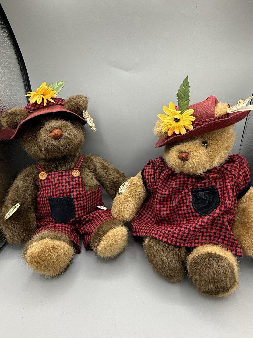 Vintage GUND Teddy Bear Pair Buffalo Plaid Boy Girl Plush w/ Tags 14” Fall